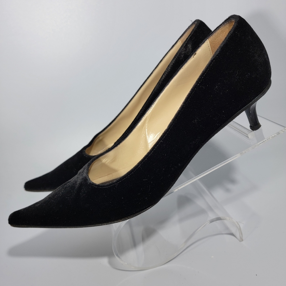 LINDSAY PERRY Black Velvet Pointed Toe Kitten Heels Pumps Size 37